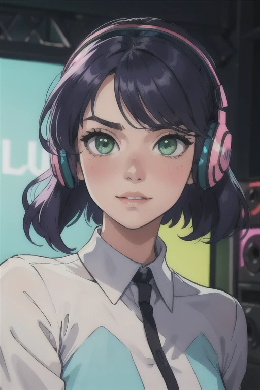 work of art, best qualityer, 4K, standing alone, 20 year, 1 girl, neon gamer room background, beautiful face, side of the face 3/4, beautfull woman, Realistic Anime, shorth hair, wavy, middle-parted bangs, cabelo roxo, blue headphones, long eyelashes, lime green eyes, trigger, ssmile, blush on cheeks, position 3/4 of the face, Serious, wearing light green blouse, photo pose with face turned to the side