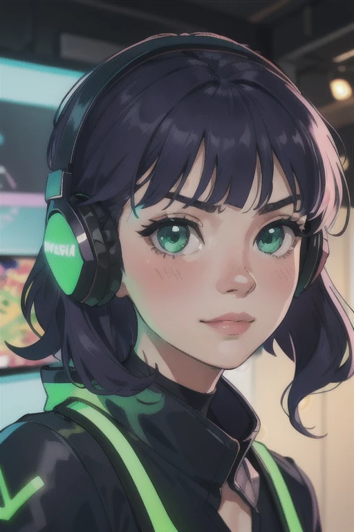 work of art, best qualityer, 4K, standing alone, 20 year, 1 girl, neon gamer room background, beautiful  face,  side of the face 3/4, beautfull woman, Realistic Anime, shorth hair, wavy, middle-parted bangs, cabelo roxo, blue headphones, long eyelashes, lime green eyes, trigger, ssmile, blush on cheeks, position 3/4 of the face, Serious, wearing light green blouse, photo pose with face turned to the side