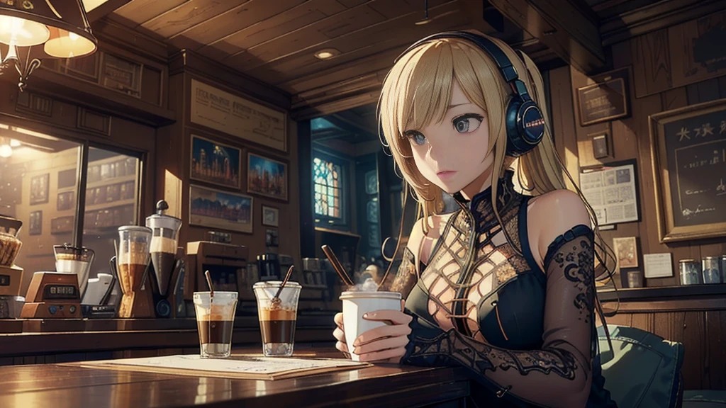 Girl with headphones enjoying music in a cafe I am studying Emphasize a little bit of the chest