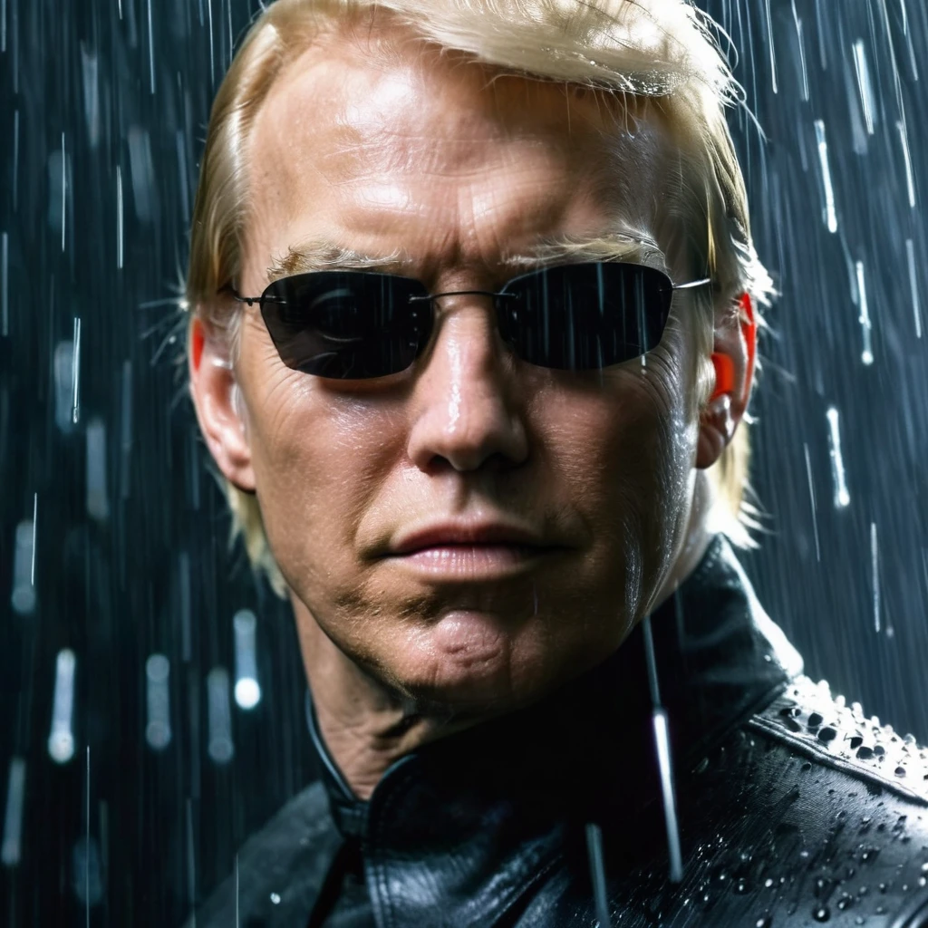 Donald Trump posing as Neo in Matrix film, posing in a heroic-style of holding a dozens of bullets coming through him, he is wearing black sunglasses, super-neat hair, black-leather jacket, male-focused, realistic, raining, slow-mo effect, can see the droplets of rain and bullets froze in front of him, 