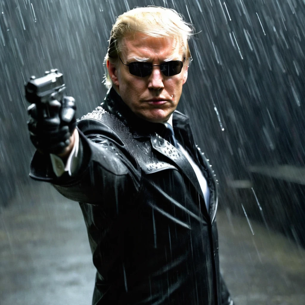 Donald Trump posing as Neo in Matrix film, posing in a heroic-style of holding a dozens of bullets coming through him, he is wearing black sunglasses, super-neat hair, black-leather jacket, male-focused, realistic, raining, slow-mo effect, can see the droplets of rain and bullets froze in front of him, 