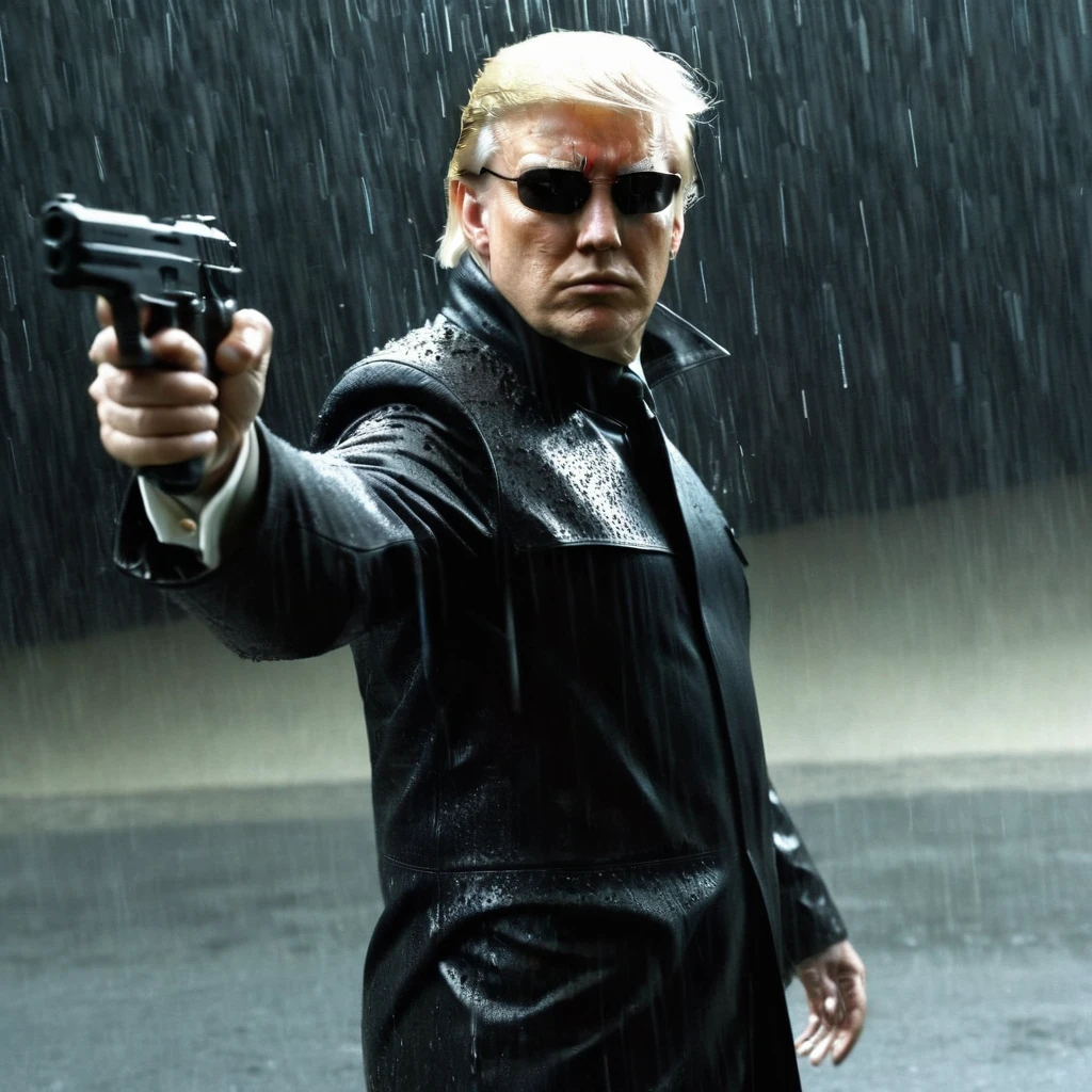 Donald Trump posing as Neo in Matrix film, posing in a heroic-style of holding a dozens of bullets coming through him, he is wearing black sunglasses, super-neat hair, black-leather jacket, male-focused, realistic, raining, slow-mo effect, can see the droplets of rain and bullets froze in front of him, 