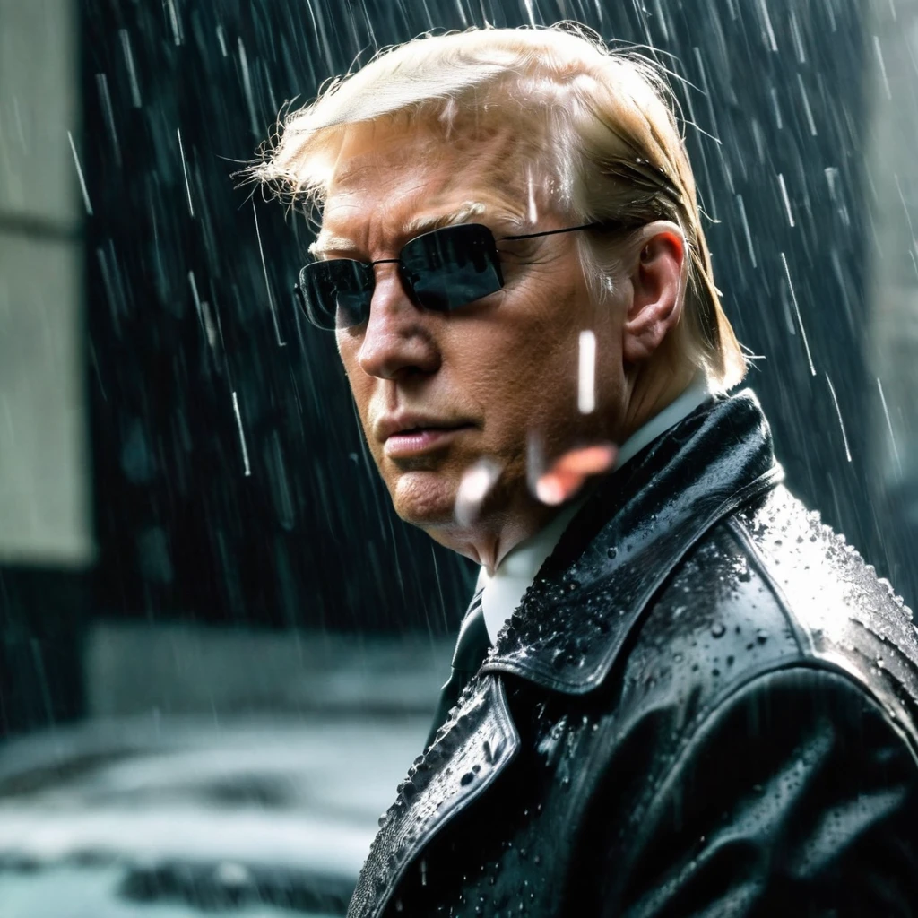 Donald Trump posing as Neo in Matrix film, posing in a heroic-style of holding a dozens of bullets coming through him, he is wearing black sunglasses, super-neat hair, black-leather jacket, male-focused, realistic, raining, slow-mo effect, can see the droplets of rain and bullets froze in front of him, 