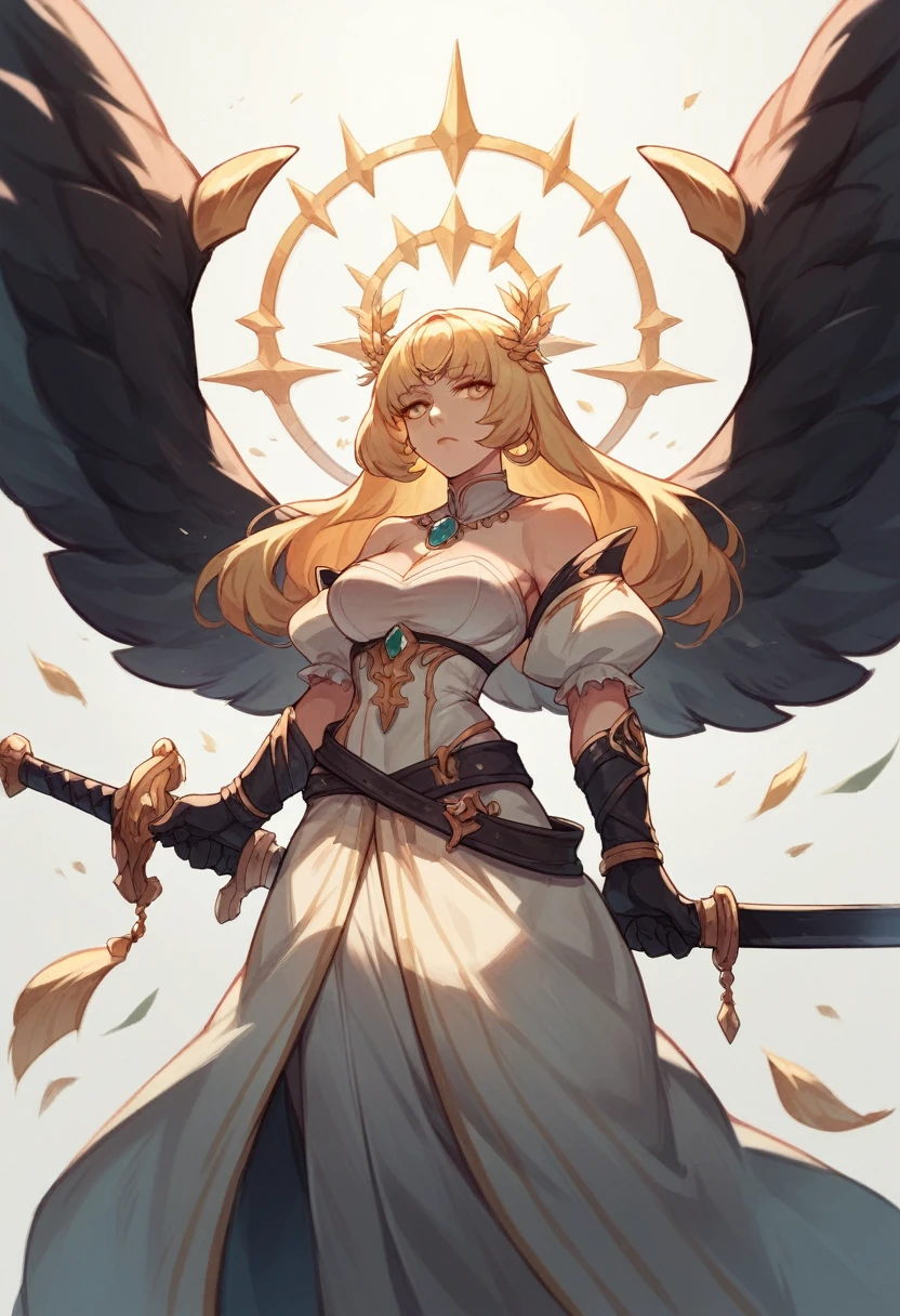 Archangel with a large sword and wings and shining golden eyes