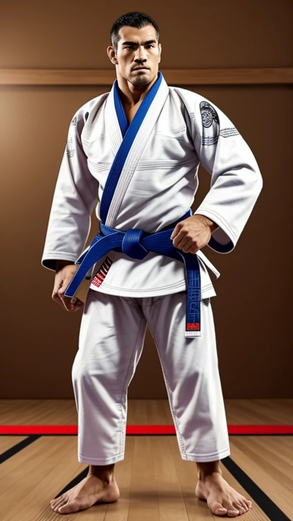 A Jiu-Jitsu fighter wearing a white kimono, with the black sash tied tightly around the waist. Your body is muscular and agile, ready to face any challenge on the mat. He maintains a confident posture, with feet apart and arms relaxed. Your eyes are focused, and its expression conveys determination and respect for the traditions of the sport.