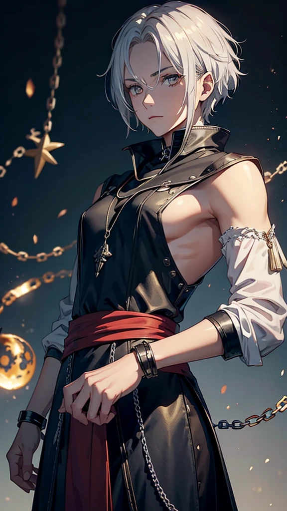 I have the image of an RPG character who has short messy blonde hair, golden eyes , a thin silver chain necklace with a silver scale pendant, a medieval black cloth outfit,  a red cloth tied around the waist, some black bracelets have a very serene appearance and that of someone good who keeps secrets. A 17 year old from the medieval era of Arton rpg from Tormenta 20 digital art, one  men 