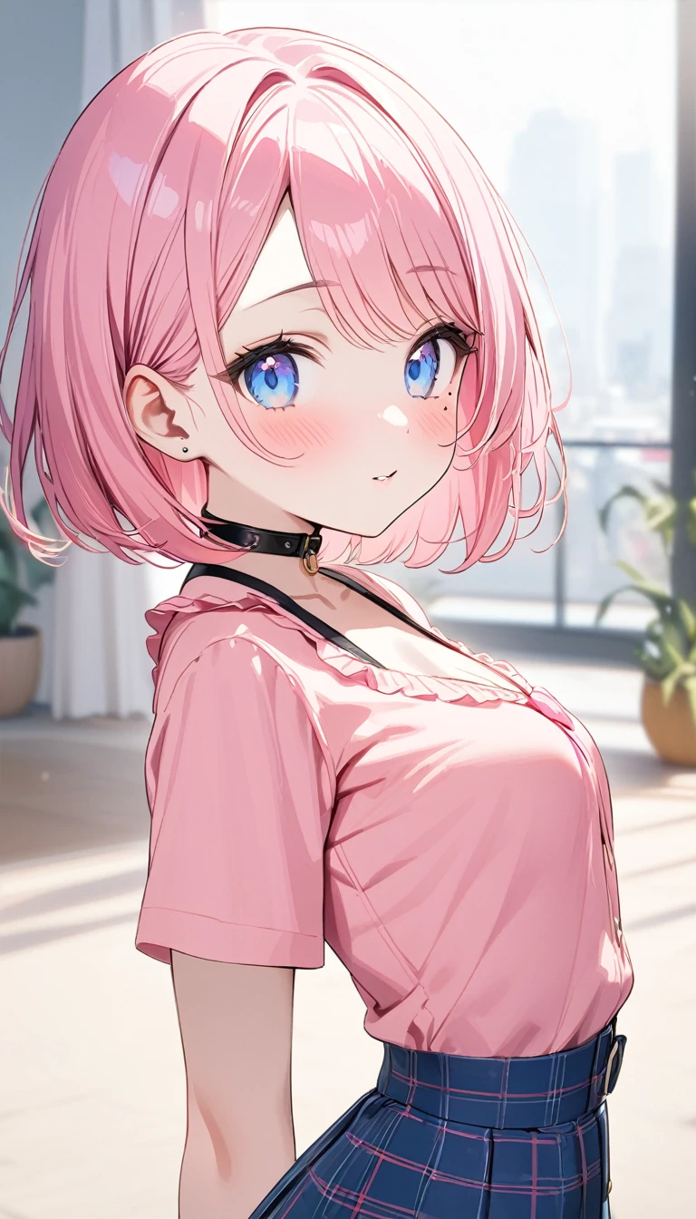 (1 girl),(Best Picture Quality, 8K, Masterpiece:1.3), (16years:1.5), ((pink lob hair:1.1)), (bob cut),(swept bangs), (cute eyes, pupil black, iris skyblue, youthful face), (mole under right eye), (standard weight), (small breasts), (glistening skin:1.1),(pale skin:1.2), ((Gyaru fashion:1.3)),