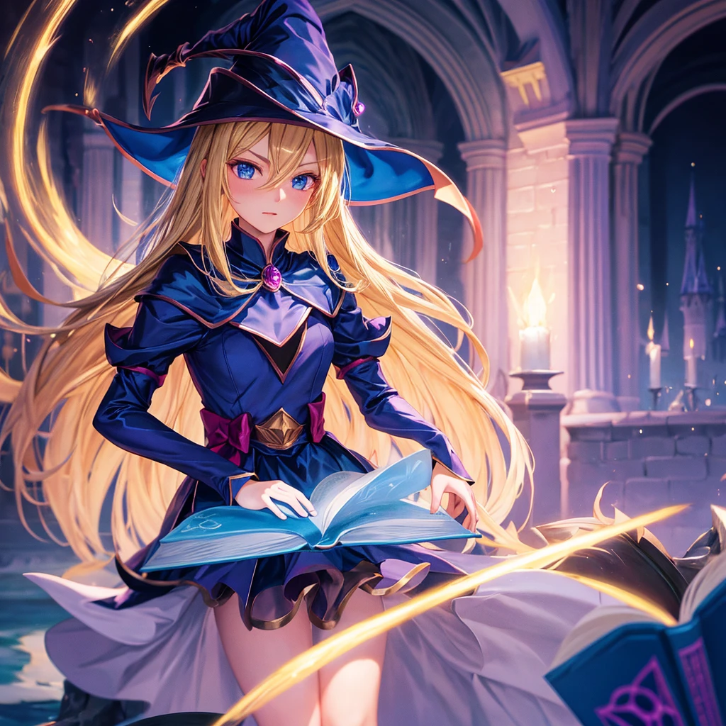 dark magician girl, masterpiece, best quality, (1 Girl), Solitary, (water), Long hair, Blonde hair, Blue headdress, Wizard Hat, Spellcasting, castle, castle:2, Motion Blur, Book, magic, (moonlight:1.2), Chromatic Aberration, Depth of Field, Soft lighting, Highly detailed face, Very detailed eyes, 