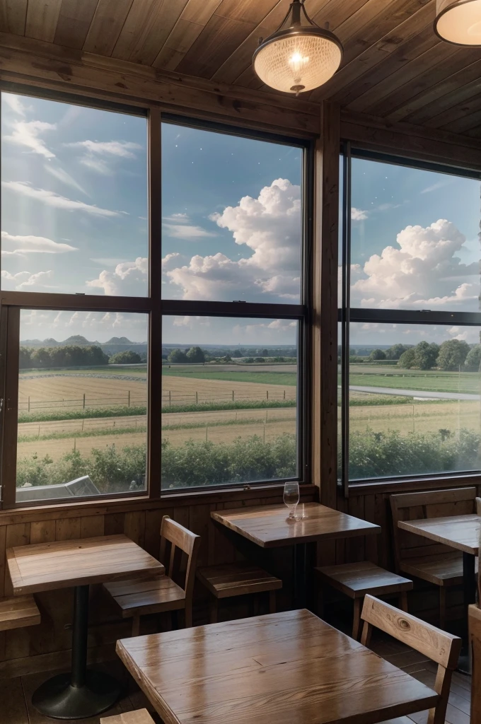 Generate a high-resolution image with realistic details of a restaurant on a farm, the restaurant should have glass windows and comfortable tables with wooden texture, the restaurant windows show the landscape of the horizon, the landscape of the horizon should have the starry sky