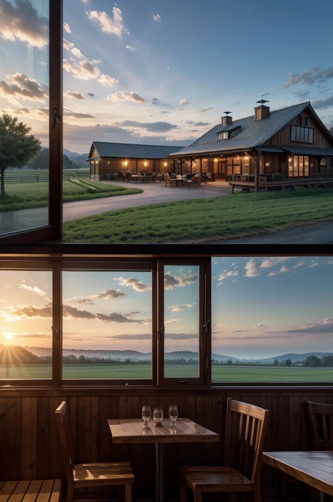Generate a high-resolution image with realistic details of a restaurant on a farm, the restaurant should have glass windows and comfortable tables with wooden texture, the restaurant windows show the landscape of the horizon, the landscape of the horizon should have the starry sky