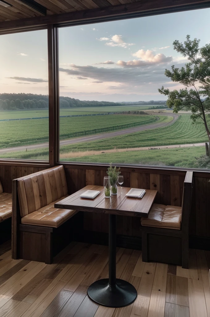 Generate a high-resolution image with realistic details of a restaurant on a farm, the restaurant should have glass windows and comfortable tables with wooden texture, the restaurant windows show the landscape of the horizon, the landscape of the horizon should have the starry sky
