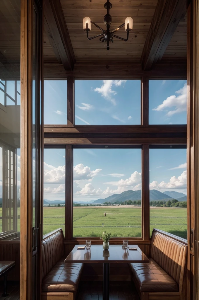 Generate a high-resolution image with realistic details of a restaurant on a farm, the restaurant should have glass windows and comfortable tables with wooden texture, the restaurant windows show the landscape of the horizon, the landscape of the horizon should have the starry sky