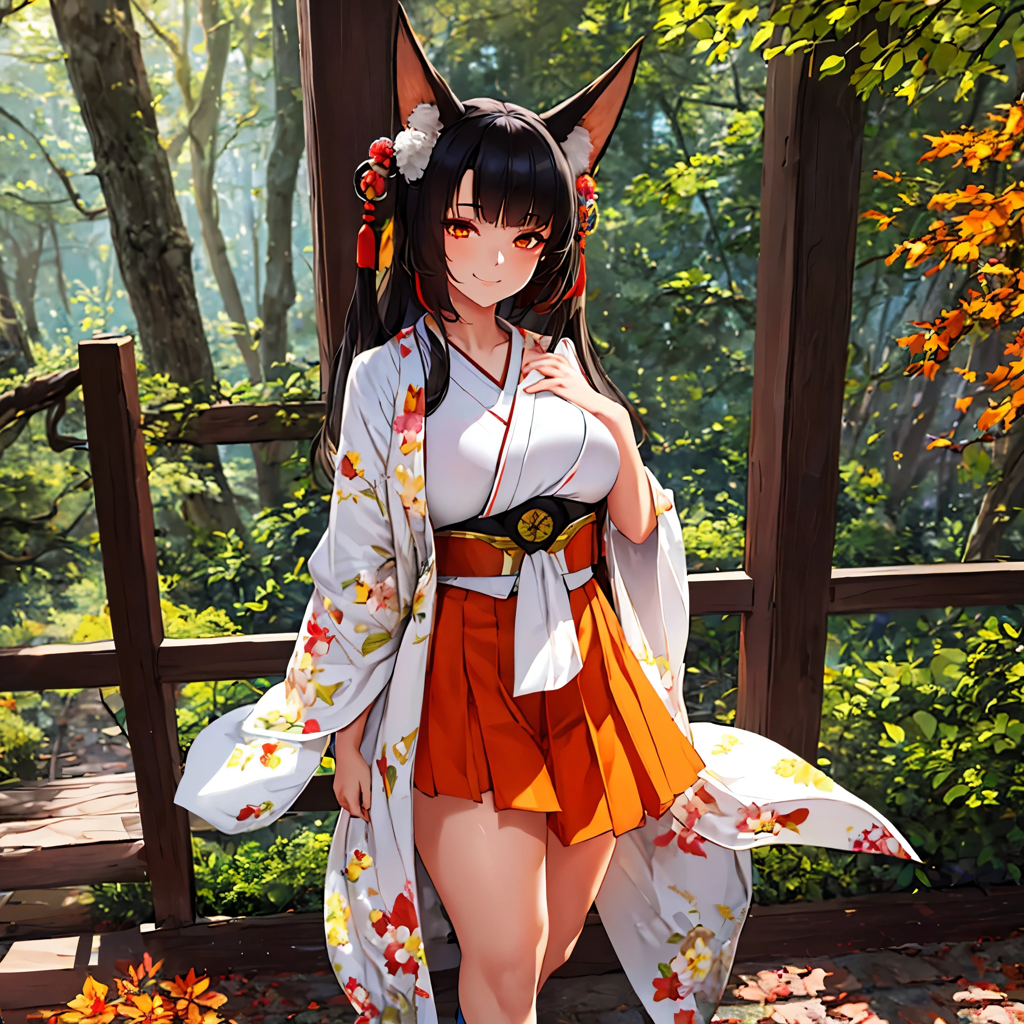 A woman wearing a white kimono with drawings of autumn flowers, walking on a walk in a forest in the autumn period, Japanese shoes, orange eyes, black hair, kitsune ears, kitsune tails, multi-tails, smiling, big breasts, posture standing, daytime location, a view of the forest, background with orange filter,.UHD , prime work , accurate , anatomically correct , textured skin , super details , high quality , best quality, 8k, high resolution, bokeh effect. (woman solo)
