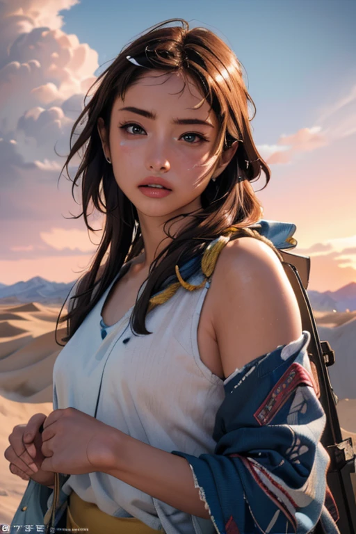 masterpiece, Transitioning desert landscape at sunset, Lonely Person, A beautiful 20-year-old woman appears dressed in nomadic clothing., Post-apocalyptic clothing. Layers of tattered cloth, unconventional accessories, 風化した外観はbornき残りと回復力のオーラを醸し出す, 16K, Ultra-high resolution.Realistic, Ultra-high resolution, born