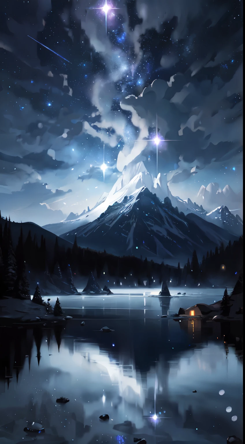 Starry sky with mountains and lake, Jessica Rosier, Inspired by Jessica Rosier, Jessica Rosier Fantasy Art, Concept Art Magic Highlights, Official artwork, Dream painting, Ethereal Plane, Atmospheric artwork, Dreamy Matte Paintings, Inspired by Ted Nasmith、Calm and infinite stars々, Moonlight and starry sky environment, Epic music album covers.