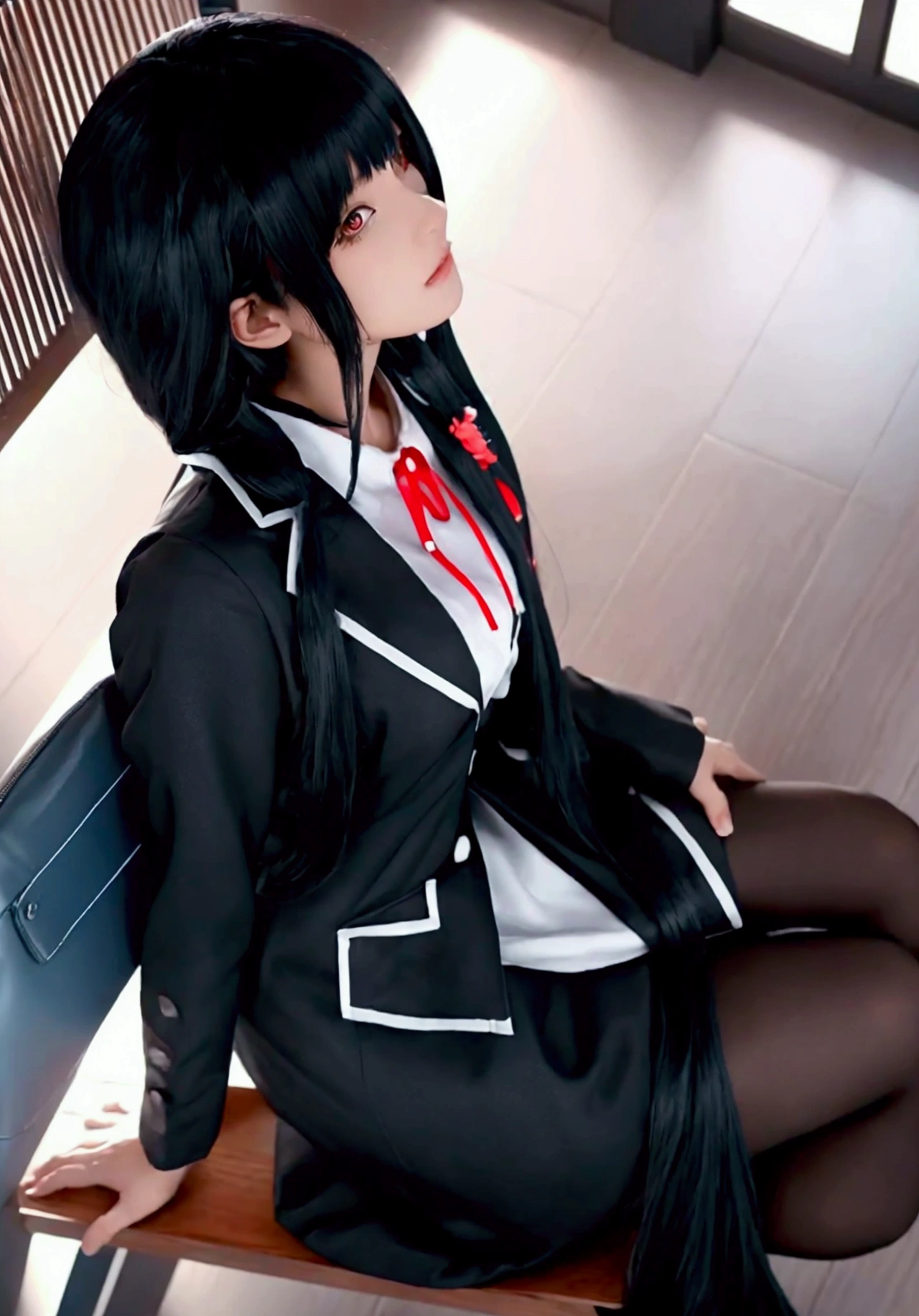 ultra-detailed, highly detailed, best quality, masterpiece, illustration, 
 The image features a woman with black hair, wearing a black and white dress. She is sitting on a wooden chair, possibly a bench, and appears to be posing for a picture. The woman's outfit includes a white shirt, and she is wearing a tie.