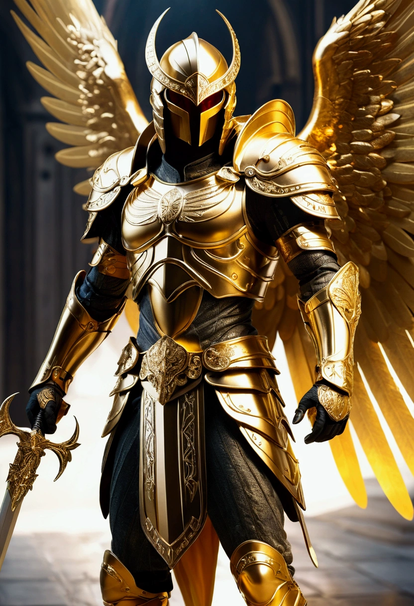 Archangel with golden armor and sword hood and large wings and shining golden eyes