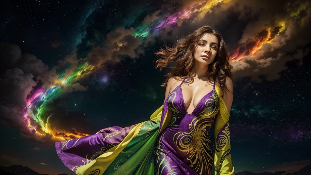 Background: a realm where galaxies collide and celestial clouds swirl. A glow from a thousand cosmic furnaces. Add bright, contrasting swirls of yellow, red, purple and green. Add lots of bright, contrasting colors. Add bright, contrasting swirls of yellow, red, purple and green. Add lots of bright, contrasting colors. Add bright, contrasting swirls of yellow, red, purple and green. Add lots of bright, contrasting colors.
Foreground: a beautiful woman is standing, looking directly at the camera, divine, regal, celestial in appearance. She has long, flowing, dark hair, wide eyes, wearing a long sheer gown cut low in the front, revealing ample cleavage, and cut up the side to her hip.
