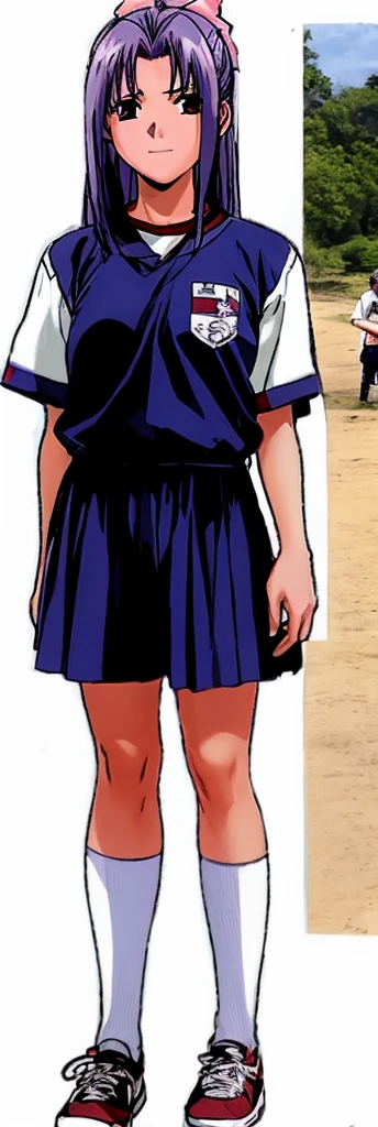 Momoko Koigakubo, a tall girl with beautiful legs, is standing with a smile on her face, wearing white gym clothes and light navy blue bloomers that look like panties, with her legs spread to the sides.。Next to Momoko Koigakubo is a boy in his second year of elementary school wearing a tracksuit, who is smiling and being held by Momoko Koigakubo.。
