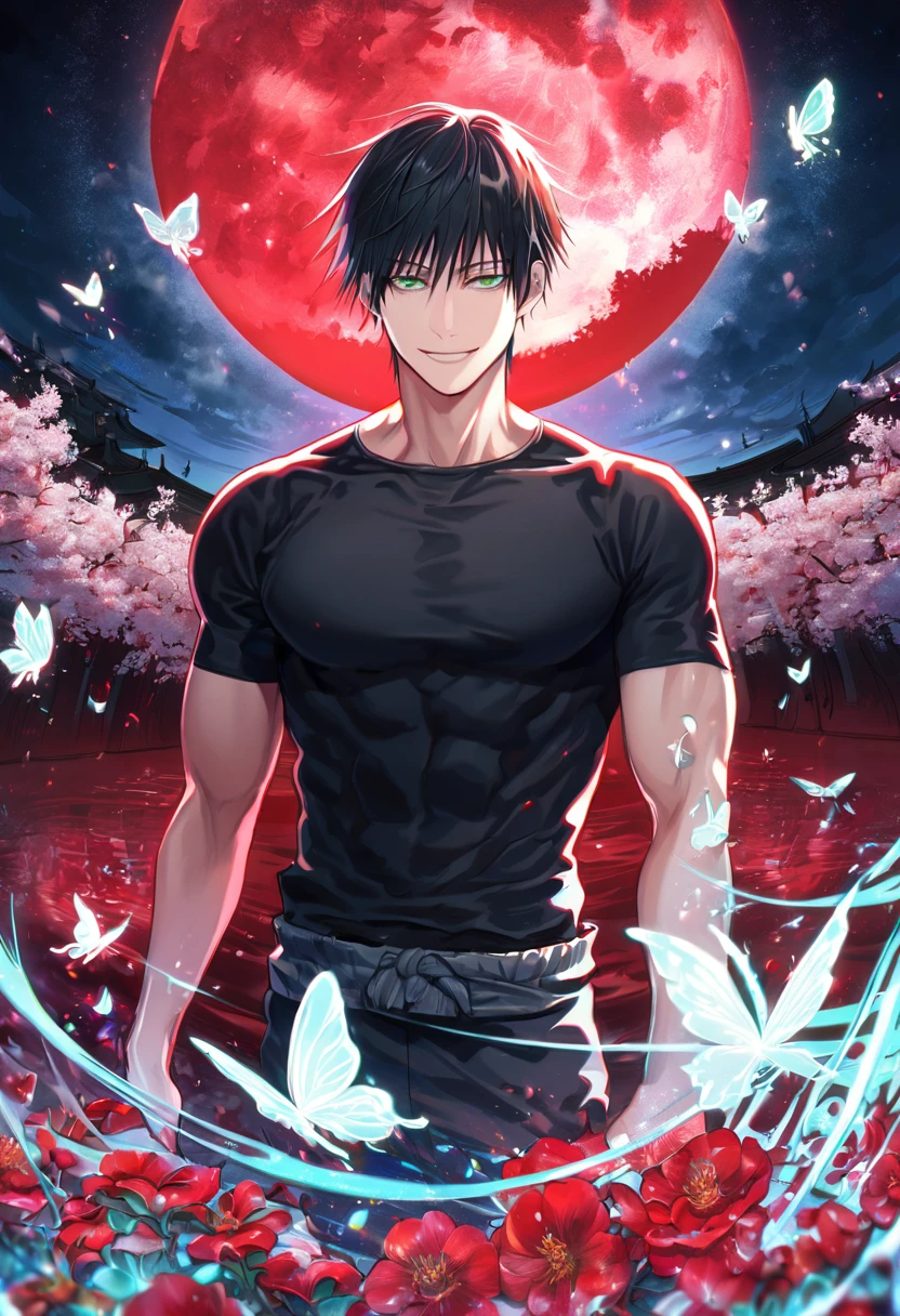 absurdres, highres, ultra detailed, HDR, master piece, extremely detailed, Fushiguro Touji, black straight hair, expressive green eyes, Jujutsu Kaisen, sexy man, handsome, best quality, red moon, red flowers, fantasy, magical, solo, red water, red shining fireflies, red petals, handsome smile, silver small butterflies, red dust, black tight shirt