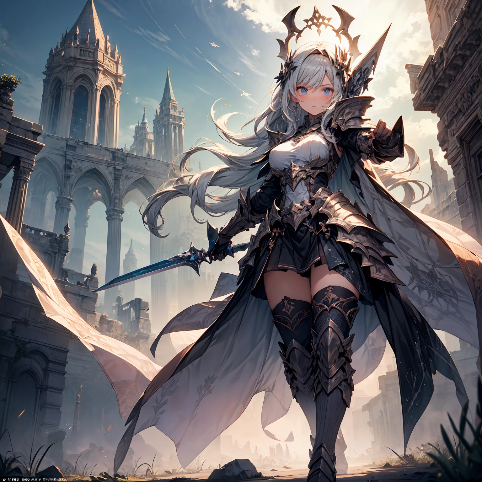 Full body shot of a fearless paladin with unparalleled beauty, featuring long, dark hair and striking blue eyes. She wears intricately designed draconic armor that glimmers with a mystical aura. Her armor is adorned with dragon scales and ornate patterns, giving it both an imposing and elegant appearance. In her hand, she wields a magnificent sword, the blade shimmering with a divine light, etched with runes of power. She stands in a majestic, celestial landscape, with radiant light filtering through the clouds, casting a holy glow upon her. The ground beneath her is a mix of ancient stones and sacred symbols, glowing softly as if infused with holy energy. Surrounding her are ethereal figures in shades of gold and white, their presence adding to the divine ambiance. The background features towering, ancient ruins and magnificent, skyward-reaching structures, hinting at a grand, heavenly stronghold. The scene is inspiring and powerful, with her face showing a serene yet determined expression, her eyes locked onto her noble mission.

[Best quality], [Masterpiece], [Ultra-detailed], [4k], {inspiring|majestic} atmosphere, celestial landscape, {dynamic pose|noble stance}, radiant illumination, {soft shadows|divine lighting}, {glowing ancient stones:0.7}, {ethereal figures:0.6}, {heavenly architecture:0.5}, {towering ruins:0.4}, {skyward-reaching structures:0.3}.