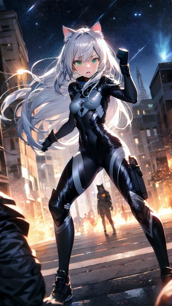 prompts A silver-haired beautiful girl with cat ears eyes are green hair is silver and long clothes: a form-fitting black combat suit The fist is an afterimage The background is a city at night her is in a cat-like fighting pose The year is 14 years monitor, Dark Night, Sweat, Steam of Exhalation, Space, Battle, Dynamic Angle　one girl