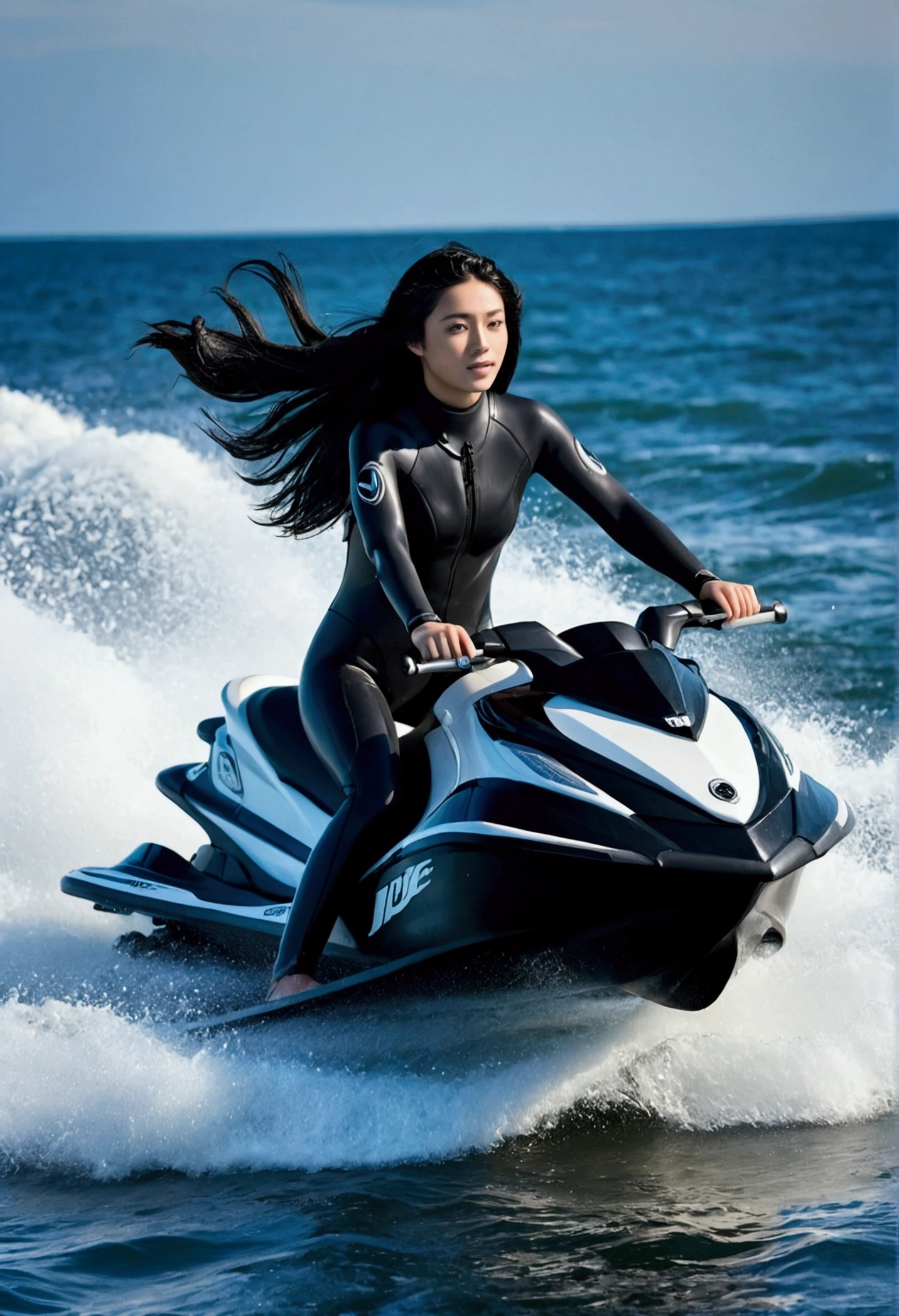 18 year old cute beautiful perfect face, Long black hair, , (Skin tight black rubber wetsuit), Ride a jet ski at sea, black and white jet ski, Big Waves, Dynamic composition、