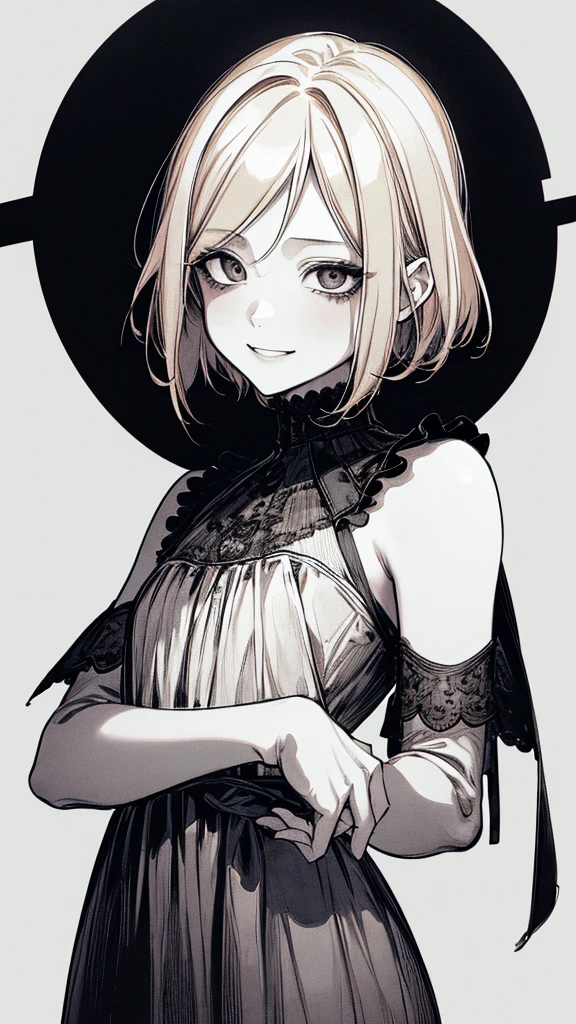 Highest quality, (Background details), High Contrast, Very beautiful  , Detailed original illustrations,very small stature、Baby Face、Villain、gnome,Villain、 Wavy platinum blonde hair、Bob Cut Hair、 Delicate face,  Spoiled brat、White sundress、Real breasts, Flat Chest、Crazy Smile, Crazy Eyes, Black background, (Black background: 1. 5), Beautiful line art, Monochrome