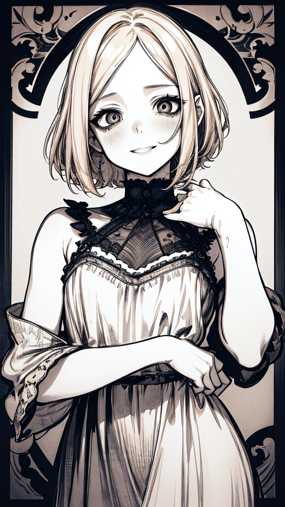 Highest quality, (Background details), High Contrast, Very beautiful  , Detailed original illustrations,very small stature、Baby Face、Villain、gnome,Villain、 Wavy platinum blonde hair、Bob Cut Hair、 Delicate face,  Spoiled brat、White ????????、Real breasts, Flat Chest、Crazy Smile, Crazy Eyes, Black background, (Black background: 1. 5), Beautiful line art, Monochrome