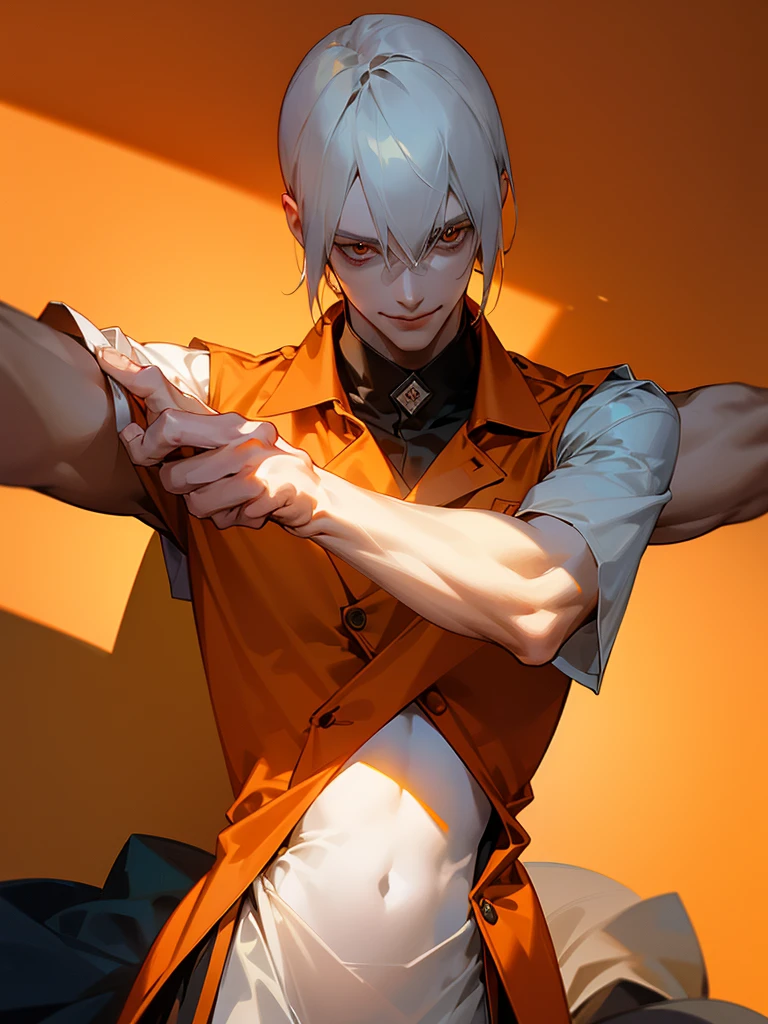 a man,Slender and tall,prisoner, Perfect male body,Looking at the camera, (Orange prison uniform, Hold your arms tight, Smile, cell),portrait,Dramatic shadows,Ray Tracing, best quality, light, Extremely detailed CG, 8k wallpaper,complicated