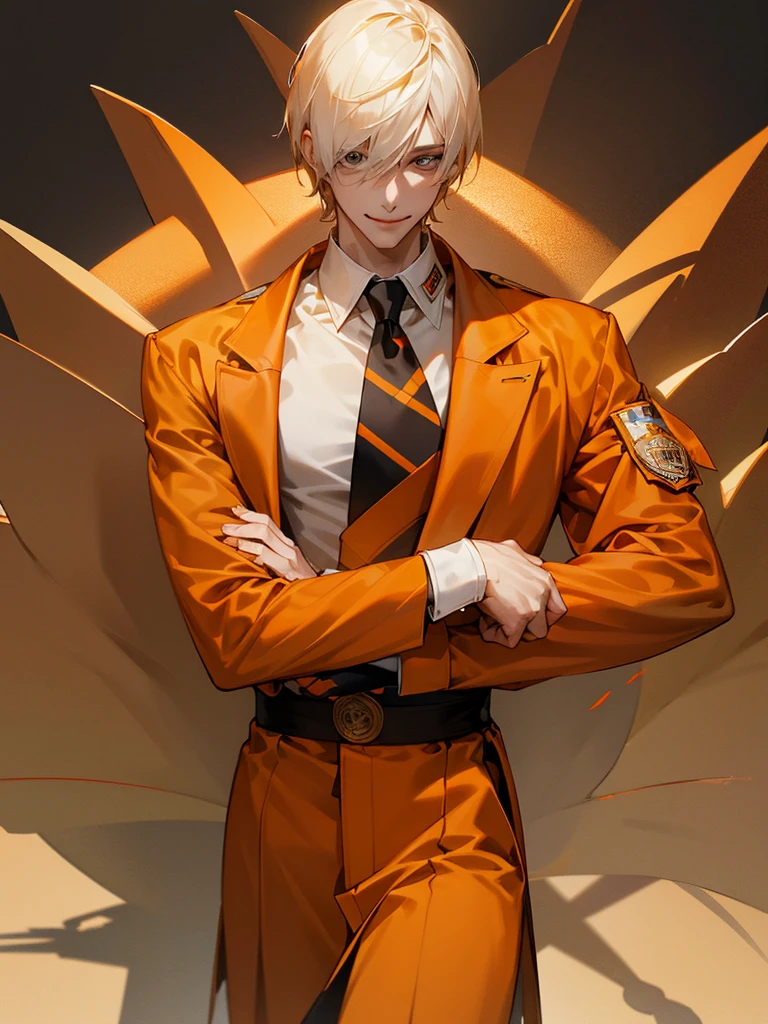 a man,Slender and tall,prisoner, Perfect male body,Looking at the camera, (Orange prison uniform, Hold your arms tight, Smile, cell),portrait,Dramatic shadows,Ray Tracing, best quality, light, Extremely detailed CG, 8k wallpaper,complicated