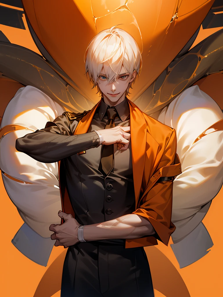 a man,Slender and tall,prisoner, Perfect male body,Looking at the camera, (Orange prison uniform, Hold your arms tight, Smile, cell),portrait,Dramatic shadows,Ray Tracing, best quality, light, Extremely detailed CG, 8k wallpaper,complicated