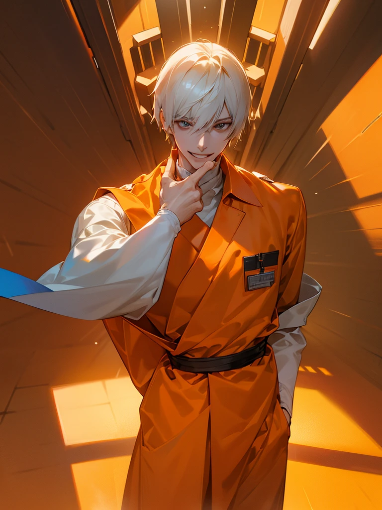 a man,Slender and tall,prisoner, Perfect male body,Looking at the camera, (Orange prison uniform, Hold your arms tight, Smile, cell),portrait,Dramatic shadows,Ray Tracing, best quality, light, Extremely detailed CG, 8k wallpaper,complicated