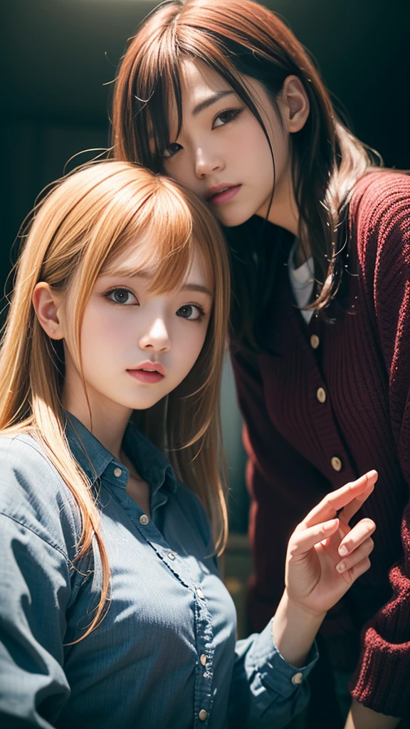 (Natural strawberry blonde and redhead girls with pretty faces), Cute pose, wearing a button shirt, body, skinny, Atmospheric, Dark atmosphere, Edge lighting, Sayaka Yamamoto, Saito Asuka, Mao Akiyama's facial features, 8K, Full body portrait, Elegant outfit, Natural light, Spooky greenhouse at night, Sharp focus, (Highly detailed eyes and face, Professional photography techniques), (Beautiful small face, beautiful girl, high , Idol Face, Baby Face:1.4)Happy, K UHD, Hmph, Beautiful and soft skin, Vibrant Skin, blush, (Chirarizum:1.3, Unbutton your shirt:1.5), ((Beautiful breasts, Cleavage)), (Small beautiful butt), (Detailed hands:1.1, The optimal ratio is four fingers to one thumb), Perfect proportions, (Perfect Anatomy:1.3), (Highest quality, Masterpiece, Highest quality, Ultra high definition, Photorealism:1.4), ((Touching each other's breasts:1.4))