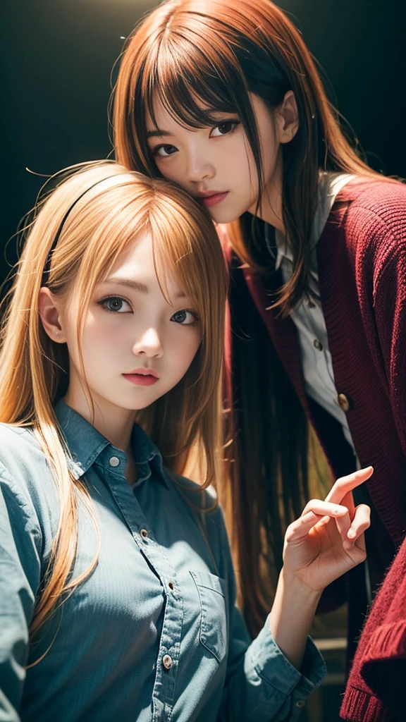 (Natural strawberry blonde and redhead girls with pretty faces), Cute pose, wearing a button shirt, body, skinny, Atmospheric, Dark atmosphere, Edge lighting, Sayaka Yamamoto, Saito Asuka, Mao Akiyama's facial features, 8K, Full body portrait, Elegant outfit, Natural light, Spooky greenhouse at night, Sharp focus, (Highly detailed eyes and face, Professional photography techniques), (Beautiful small face, beautiful girl, high , Idol Face, Baby Face:1.4)Happy, K UHD, Hmph, Beautiful and soft skin, Vibrant Skin, blush, (Chirarizum:1.3, Unbutton your shirt:1.5), ((Beautiful breasts, Cleavage)), (Small beautiful butt), (Detailed hands:1.1, The optimal ratio is four fingers to one thumb), Perfect proportions, (Perfect Anatomy:1.3), (Highest quality, Masterpiece, Highest quality, Ultra high definition, Photorealism:1.4), ((Touching each other's breasts:1.4))