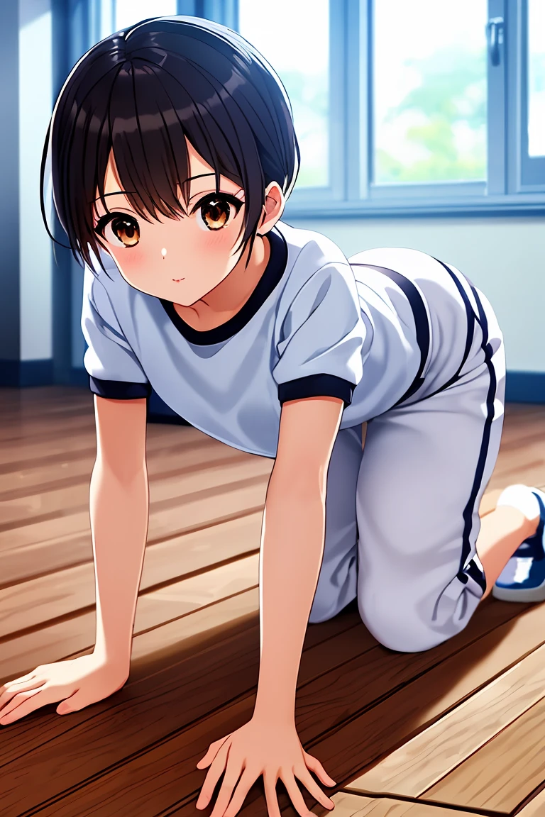 masterpiece, Highest quality, Excellent_Mikoto, Brown eyes, short_hair, small_chest,Mikotoが上がった , (((Black Bloomers, School, Gym Shirt, White T-shirt, Gym suit, Photo of girl in wooden floor School gym room))),Bloomers are bikini type ,On all fours,Crawl,Looking at the audience