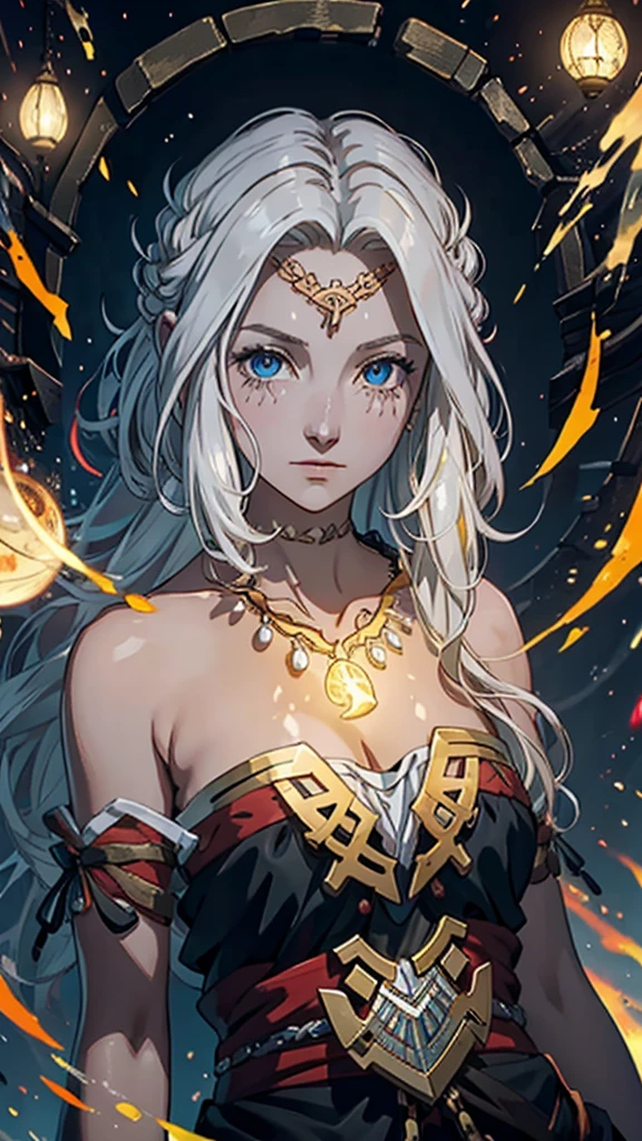 I have the image of an RPG character who has short messy blonde hair, golden eyes , a thin silver chain necklace with a silver scale pendant, a medieval black cloth outfit,  a red cloth tied around the waist, some black bracelets have a very serene appearance and that of someone good who keeps secrets. A 17 year old from the medieval era of Arton rpg from Tormenta 20 digital art, one  men 