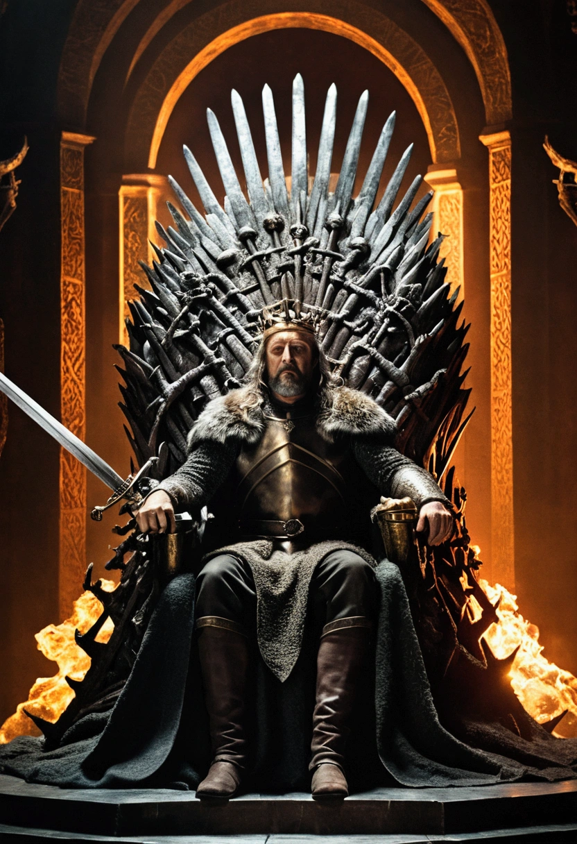 King Maegor dead on the Iron Throne, a sword through his throath