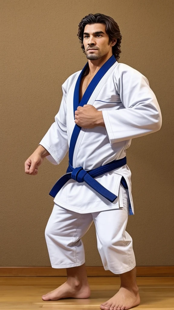 A Jiu-Jitsu fighter wearing a white kimono, with the black sash tied tightly around the waist. Your body is muscular and agile, ready to face any challenge on the mat. He maintains a confident posture, with feet apart and arms relaxed. Your eyes are focused, and its expression conveys determination and respect for the traditions of the sport.