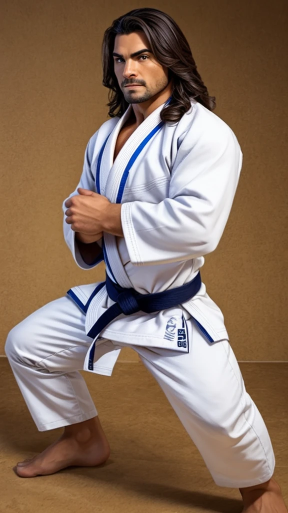 A Jiu-Jitsu fighter wearing a white kimono, with the black sash tied tightly around the waist. Your body is muscular and agile, ready to face any challenge on the mat. He maintains a confident posture, with feet apart and arms relaxed. Your eyes are focused, and its expression conveys determination and respect for the traditions of the sport.