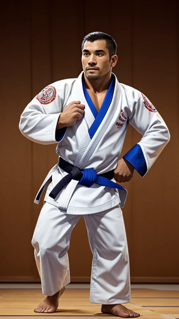 A Jiu-Jitsu fighter wearing a white kimono, with the black sash tied tightly around the waist. Your body is muscular and agile, ready to face any challenge on the mat. He maintains a confident posture, with feet apart and arms relaxed. Your eyes are focused, and its expression conveys determination and respect for the traditions of the sport.