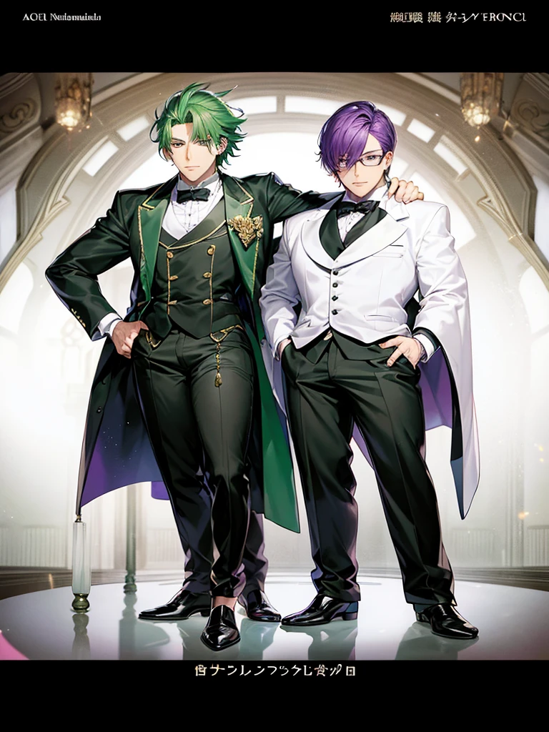 anime characters dressed in formal clothes standing next to each other, an album cover inspired by Okumura Masanobu, Trends in CG society, neo-romanticism, two handsome anime men, one man with green hair and the other man with purple hair, akehiko inoue y ross tran, two men, elegant anime key visual, beautiful androgynous prince, Sakimichan and Frank Franzzeta, androgynous prince