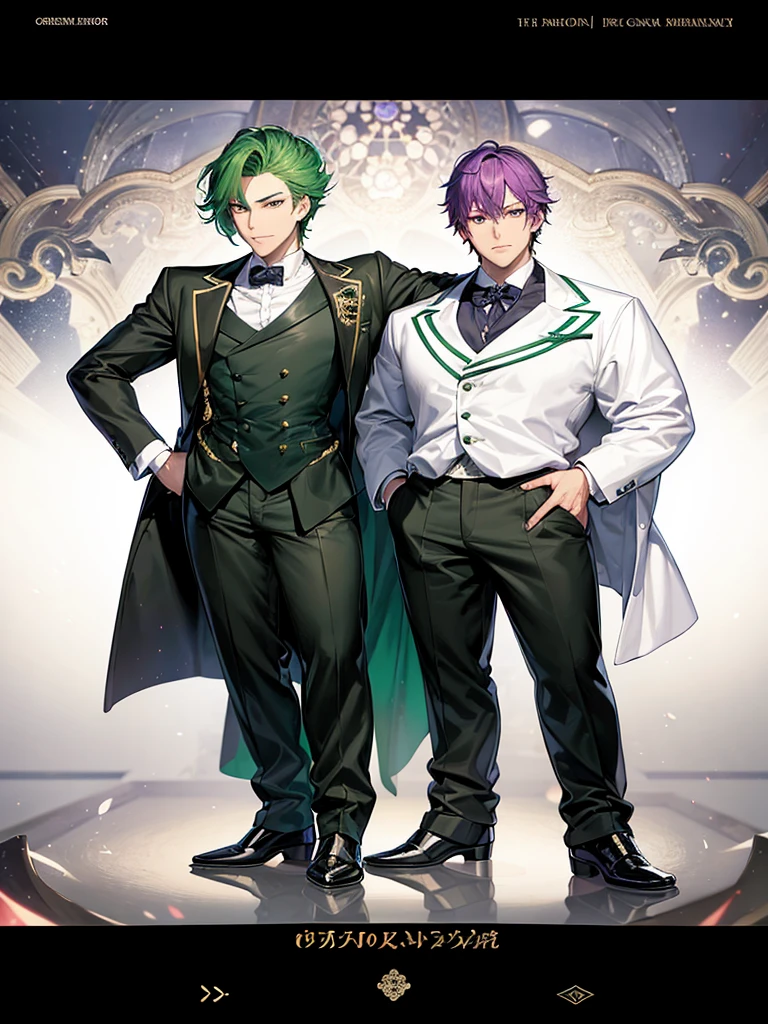 anime characters dressed in formal clothes standing next to each other, an album cover inspired by Okumura Masanobu, Trends in CG society, neo-romanticism, two handsome anime men, one man with green hair and the other man with purple hair, akehiko inoue y ross tran, two men, elegant anime key visual, beautiful androgynous prince, Sakimichan and Frank Franzzeta, androgynous prince