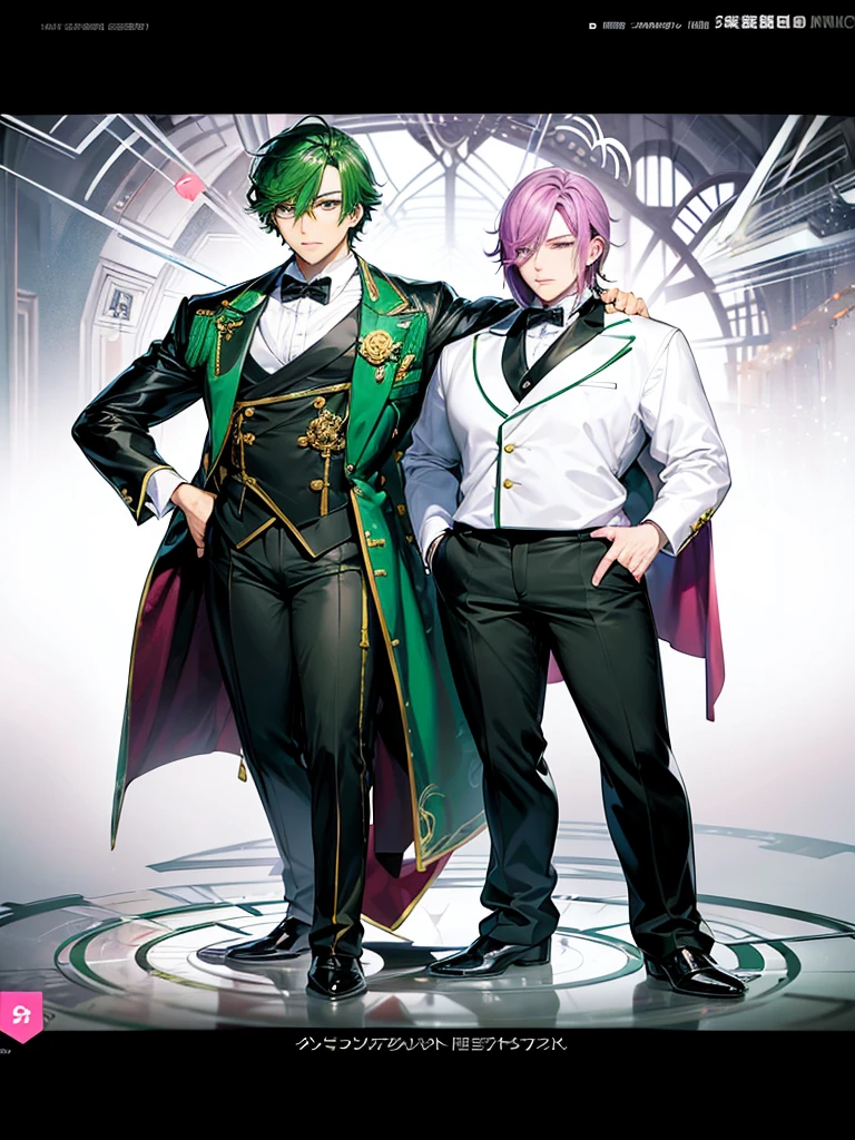 anime characters dressed in formal clothes standing next to each other, an album cover inspired by Okumura Masanobu, Trends in CG society, neo-romanticism, two handsome anime men, one man with green hair and the other man with purple hair, akehiko inoue y ross tran, two men, elegant anime key visual, beautiful androgynous prince, Sakimichan and Frank Franzzeta, androgynous prince