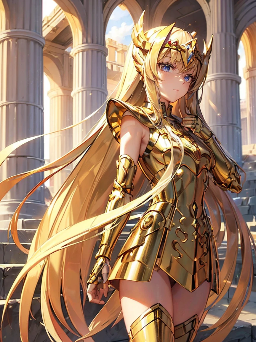 masterpiece, Highest quality, Very detailed, 16K, Ultra-high resolution, Straight Long Hair, Detailed face, Perfect Fingers, 1 female, , Greece, In front of the Parthenon, Sagittarius Armor, armor, golden armor, wing, Helmet, long metal wing, long golden wing