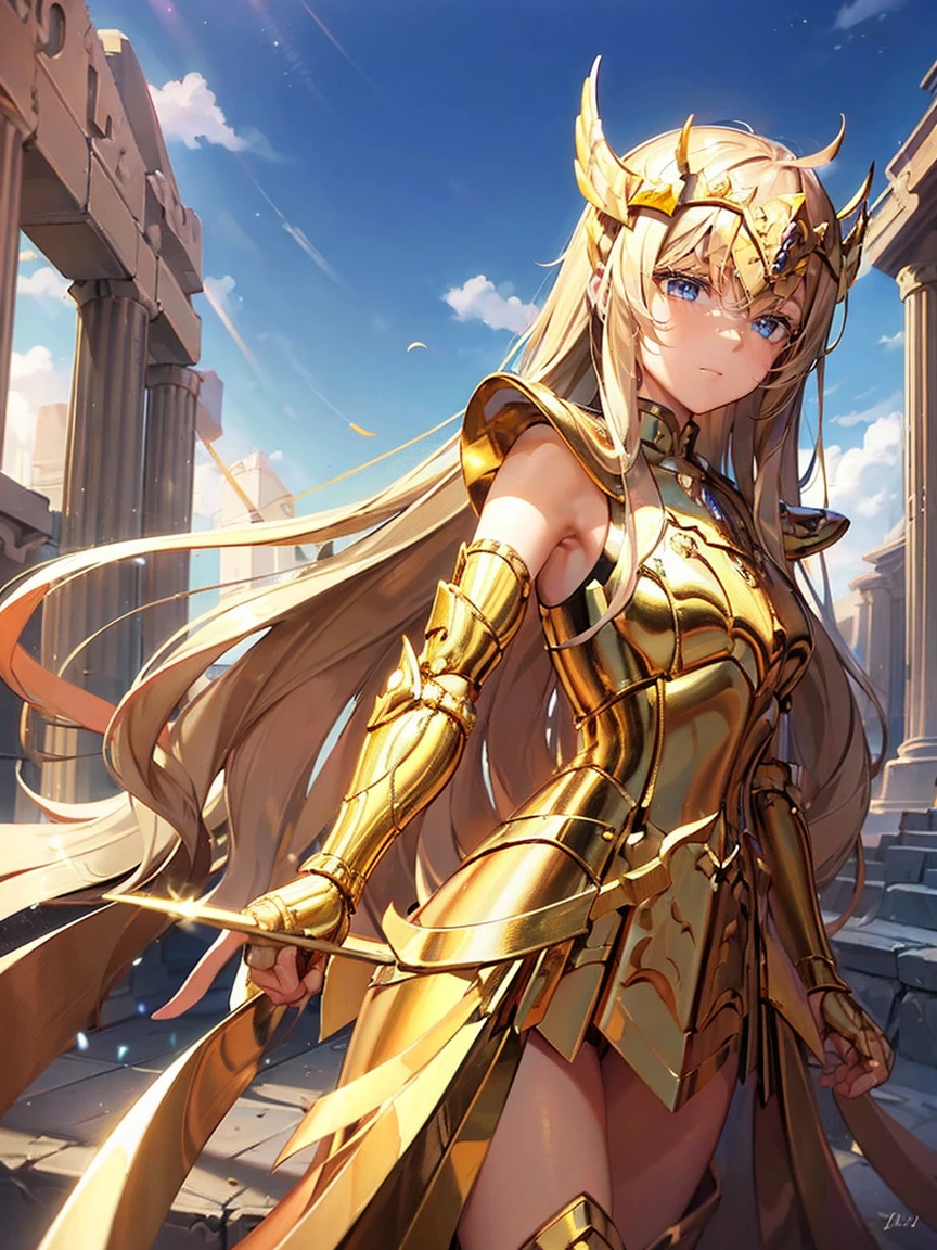 masterpiece, Highest quality, Very detailed, 16K, Ultra-high resolution, Straight Long Hair, Detailed face, Perfect Fingers, 1 female, 14 years old, Greece, In front of the Parthenon, Sagittarius Armor, armor, golden armor, wing, Helmet, long metal wing, long golden wing