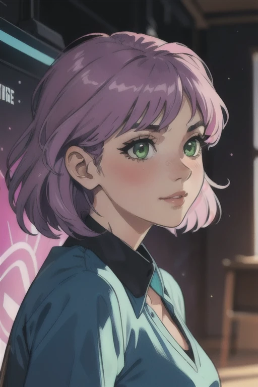 work of art, best qualityer, 4K, standing alone, 20 year, 1 girl, neon gamer room background, beautiful face, side of the face 3/4, beautfull woman, Realistic Anime, shorth hair, wavy, middle-parted bangs, fantasy purple hair, pink hair tips, blue headset on head, long eyelashes, lime green eyes, trigger, ssmile, blush on cheeks, position 3/4 of the face, Serious, wearing light green blouse, photo pose with face turned to the side