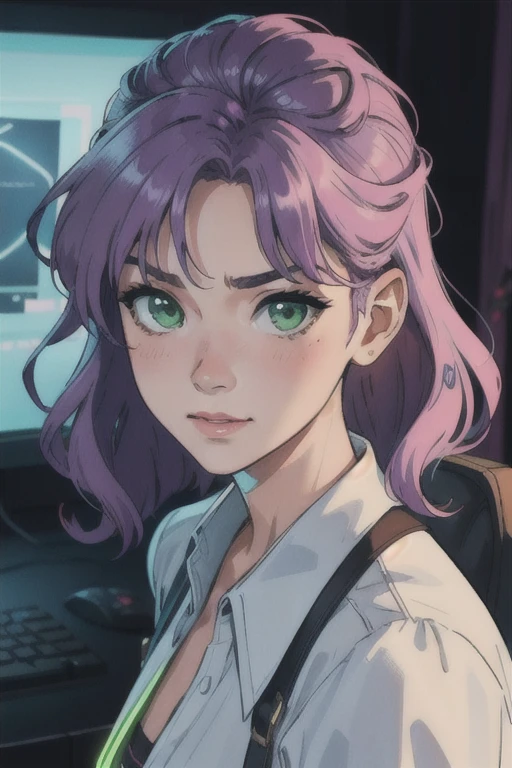 work of art, best qualityer, 4K, standing alone, 20 year, 1 girl, neon gamer room background, beautiful face, side of the face 3/4, beautfull woman, Realistic Anime, shorth hair, wavy, middle-parted bangs, fantasy purple hair, pink hair tips, blue headset on head, long eyelashes, lime green eyes, trigger, ssmile, blush on cheeks, position 3/4 of the face, Serious, wearing light green blouse, photo pose with face turned to the side