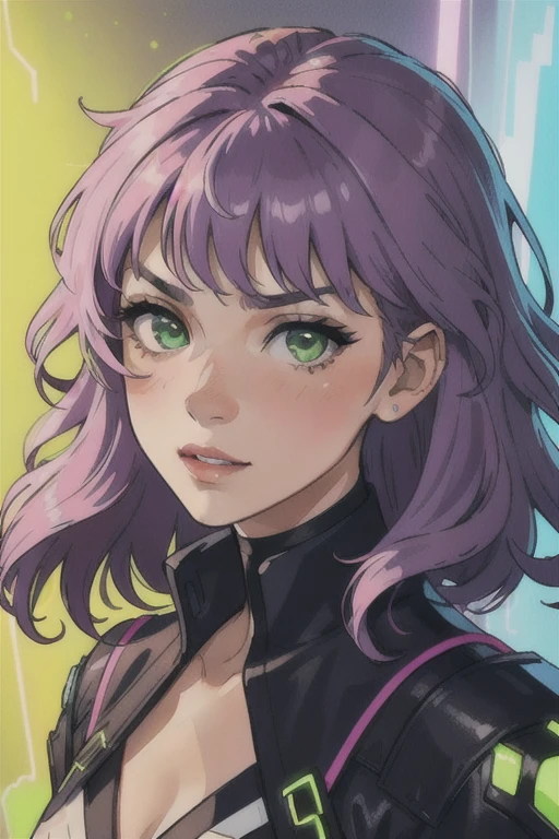 work of art, best qualityer, 4K, standing alone, 20 year, 1 girl, neon gamer room background, beautiful  face,  side of the face 3/4, beautfull woman, Realistic Anime, shorth hair, wavy, middle-parted bangs, fantasy purple hair, pink hair tips, blue headset on head, long eyelashes, lime green eyes, trigger, ssmile, blush on cheeks, position 3/4 of the face, Serious, wearing light green blouse, photo pose with face turned to the side
