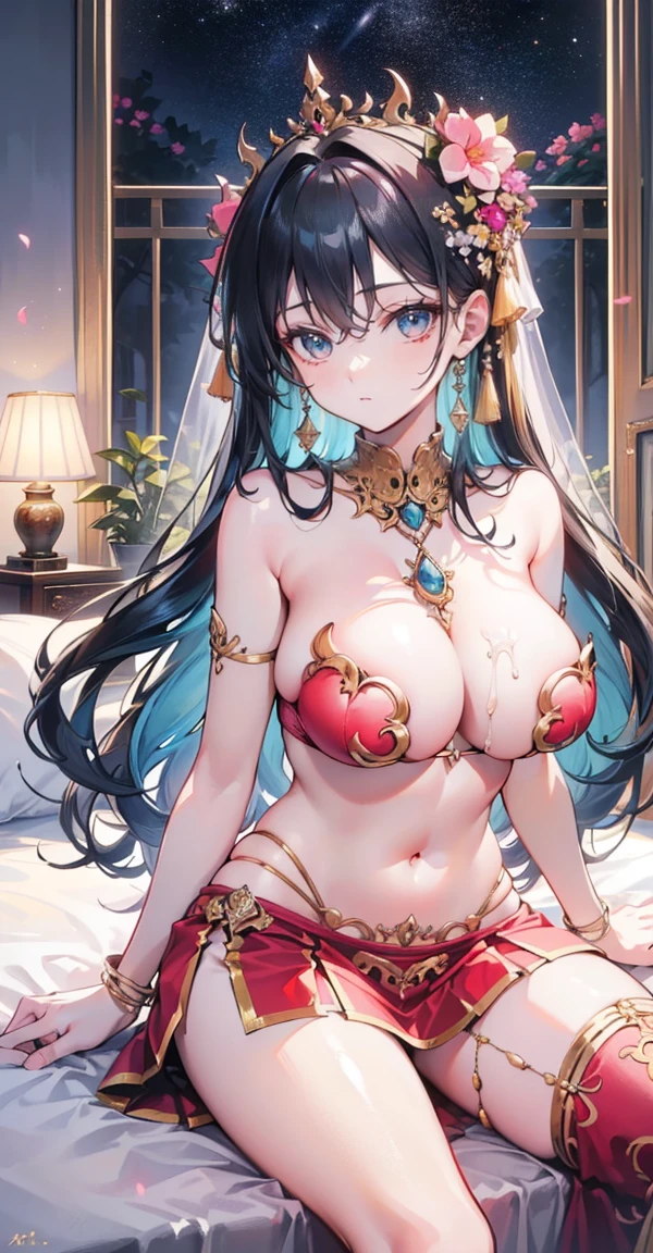 (best quality, 4K, 8K, High resolution, Masterpiece:1.2), Very detailed ,Highest quality、Highest picture quality、Masterpiece ,Group of 5 princesses,(6 young women,many young women), (in the bedroom), Various hair styles, harem,((Traditional Thai Lanna cloth:1.5,Traditional Thai Lanna costume, Strapless style, no straps..:1.5,Traditional Thai Lanna costumeที่หรูหรา:1.5,short skirtข้าง:1.4, bare shoulders,Random batch color)), at night, detailed face, big breasts,Breast curtain, short skirt, mule, Sleeveless , Show your armpits, at night, starry at night,(large areolae:1.4,pink,The nipples are clearly visible....),ขับnavel,การdance,dance,Thai dance, desert dancer,belly dancer,(charming, การdanceที่หรูหราและน่าหลงใหล:1.3),(Decorate beautiful flowers on your head..),(Light silk clothing),navel,(Broken gold jewelry hung from her skirt..),นักเต้นที่เซ็กซี่และcharming, big breasts,Show your breasts,The cracks are clear...,((big tits)),(pubic bone), rift, visible chest, ((bare breast:1.37)), I see bulging nipples.,(((large areolae:1.4,pink,The nipples are clearly visible.....))), Spread your legs,(Perfect:1.4),Pussy really spreads,Spread,Pussy,โชว์Pussy,(juice:1.2),(Cum in pussy:1.2),(pubic hair:1.4),sweat,(open pussy:1.4),cervix:1.2,